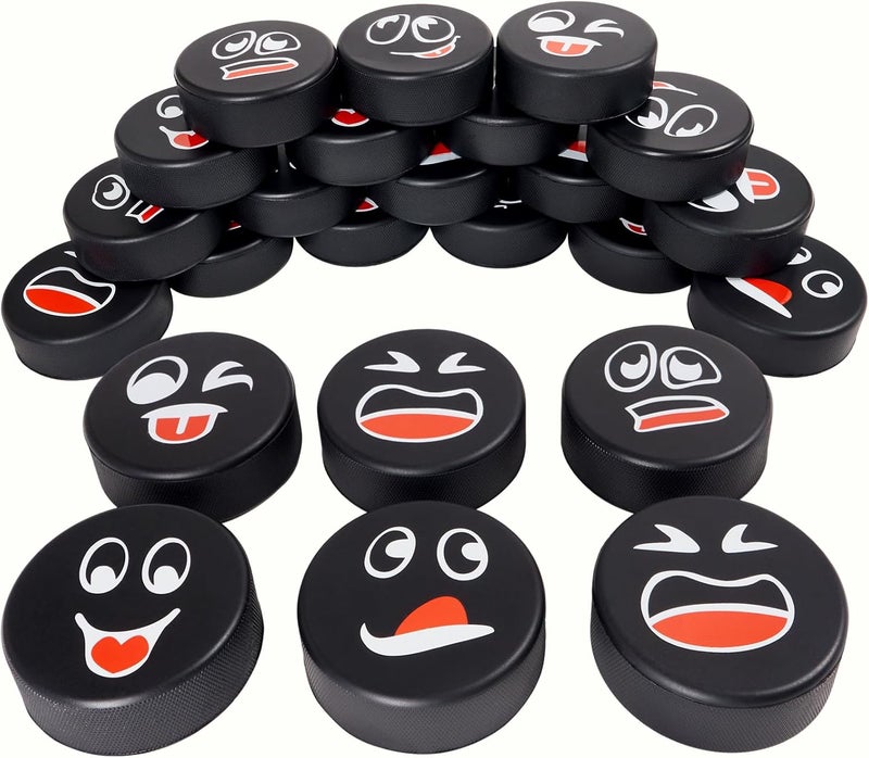 Retrora 24 Pcs Foam Ice Hockey Pucks with Emotions Faces & Mesh Bag - Mini Indoor 3" Funny Hockey Pucks for Practice, Training, Birthday Party Favors & Fun Gift Decoration - Image 1